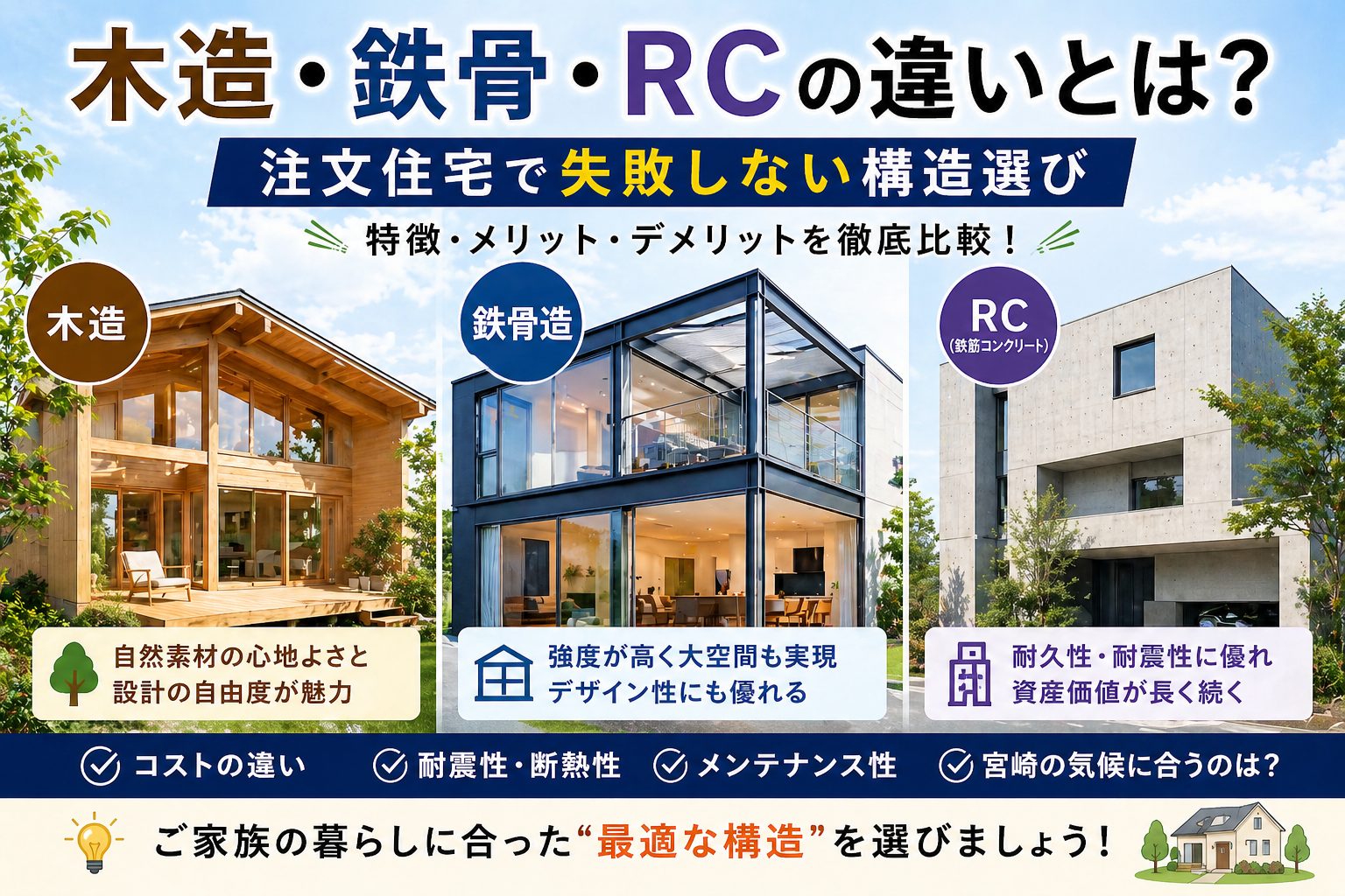 木造・鉄骨・RCの違いとは？注文住宅で失敗しない構造選び