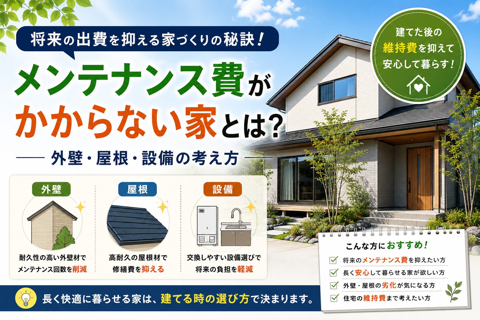 メンテナンス費がかからない家とは？外壁・屋根・設備の考え方