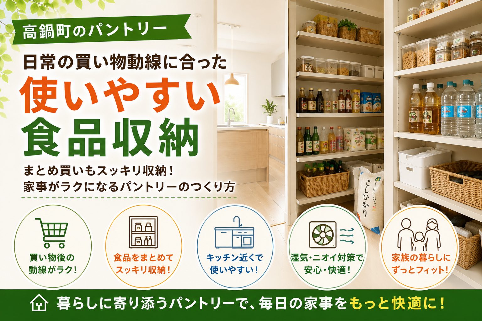 高鍋町のパントリー｜日常の買い物動線に合った使いやすい食品収納