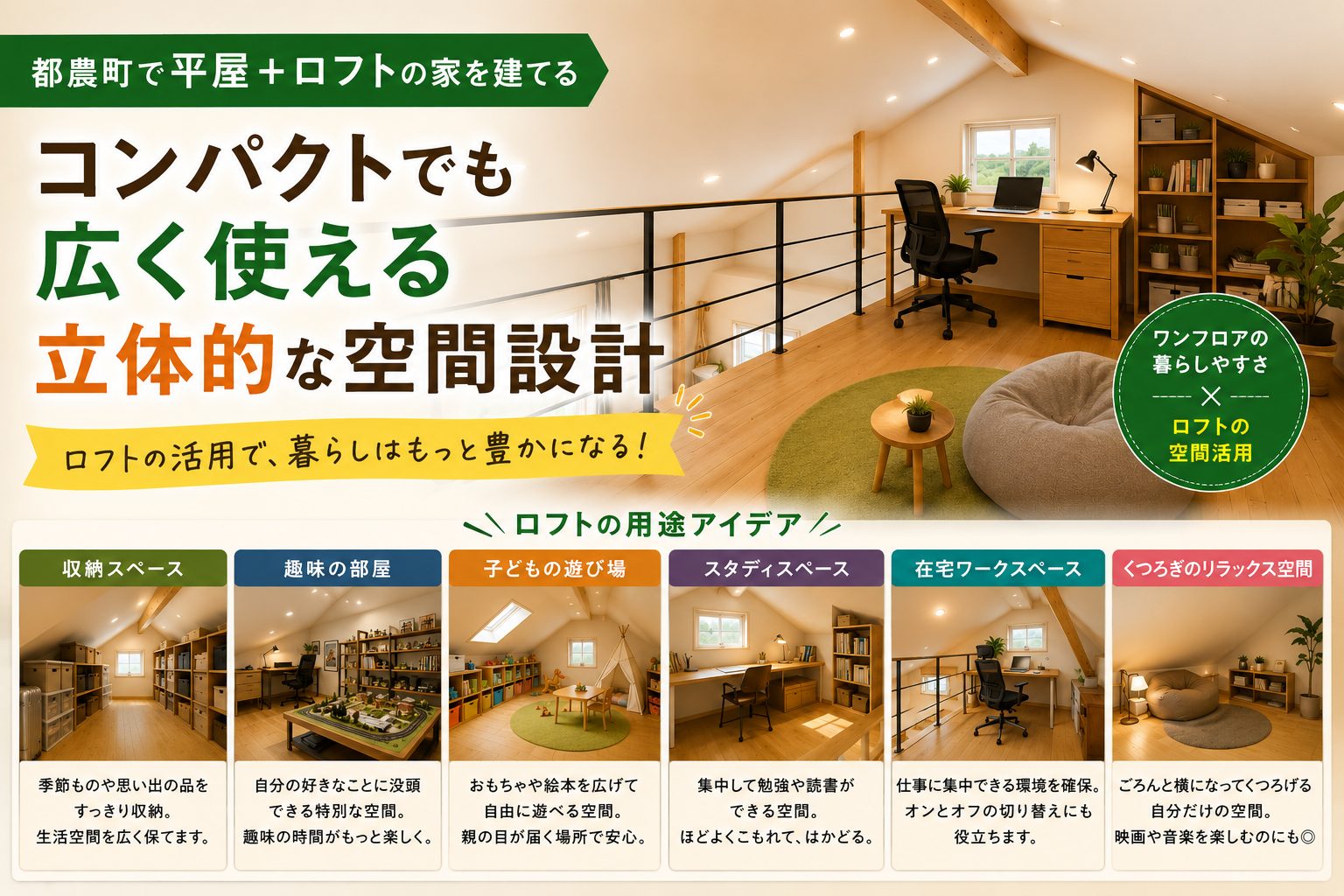 都農町で平屋＋ロフトの家を建てる｜コンパクトでも広く使える立体的な空間設計