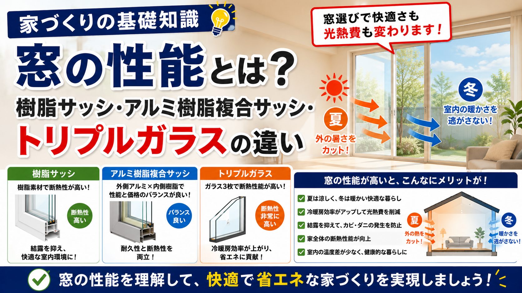 【家づくりの基礎知識】窓の性能とは？樹脂サッシ・アルミ樹脂複合サッシ・トリプルガラスの違い