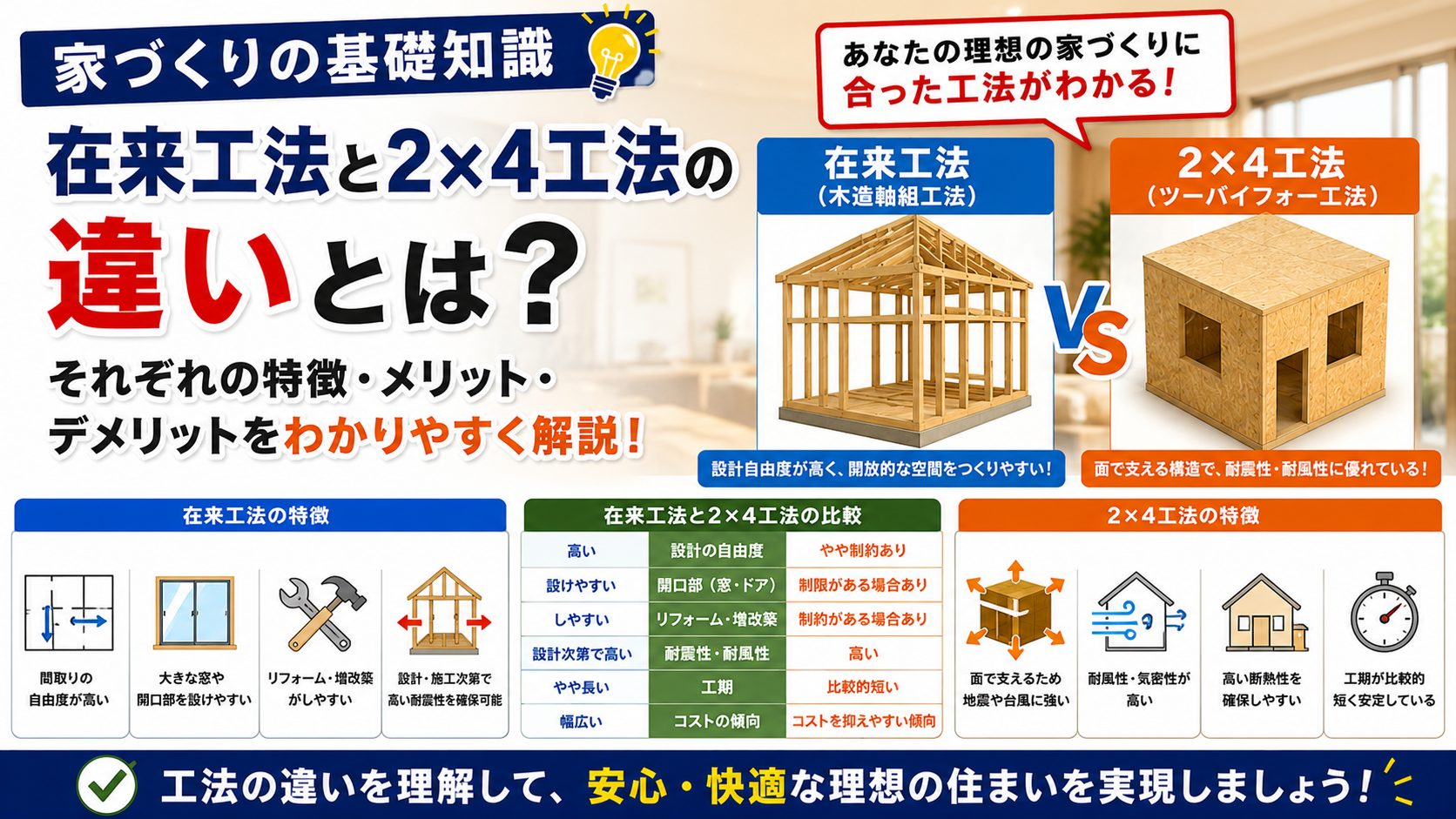 【家づくりの基礎知識】在来工法と2×4工法の違いとは？