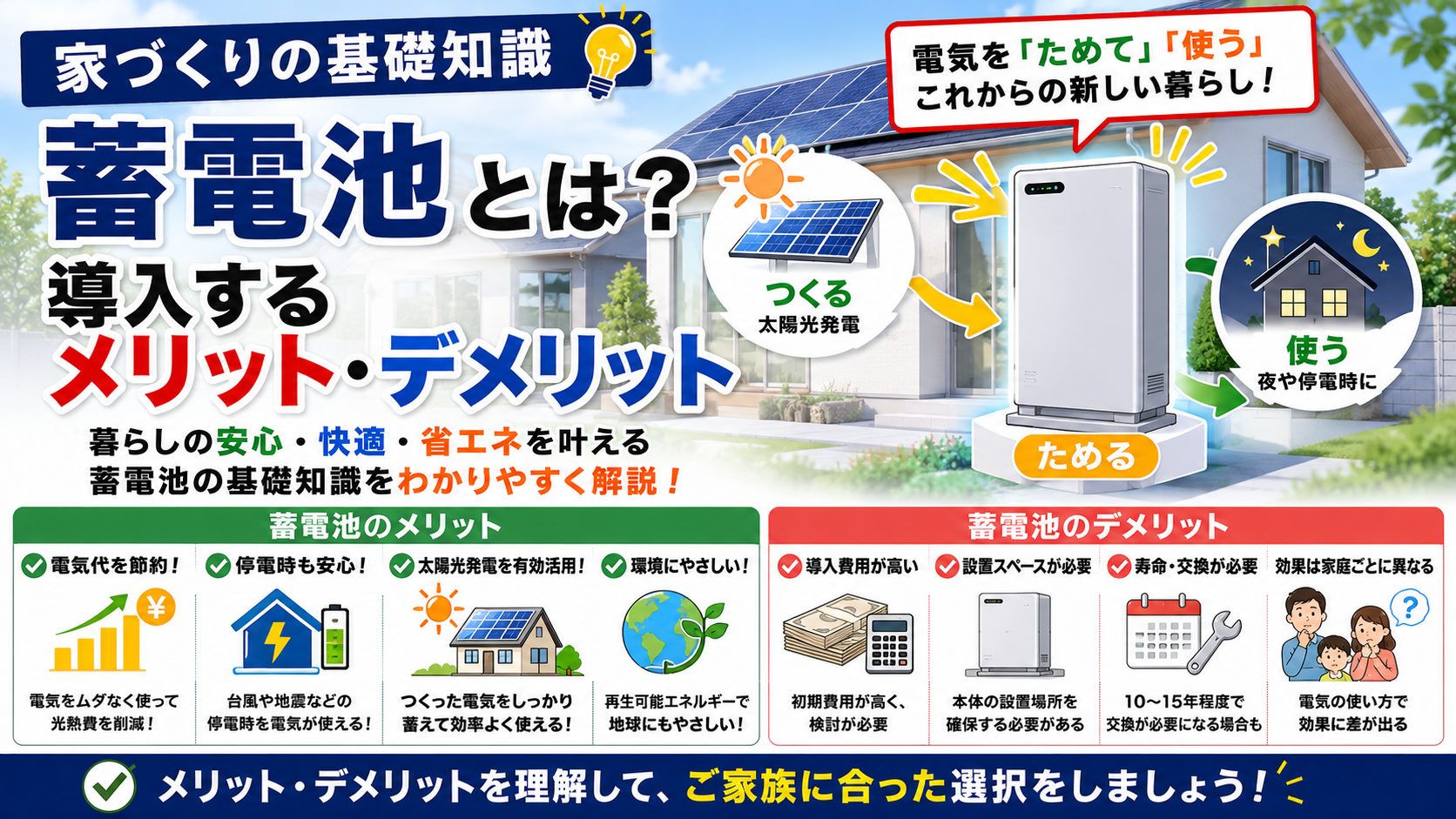 【家づくりの基礎知識】蓄電池とは？導入するメリット・デメリット