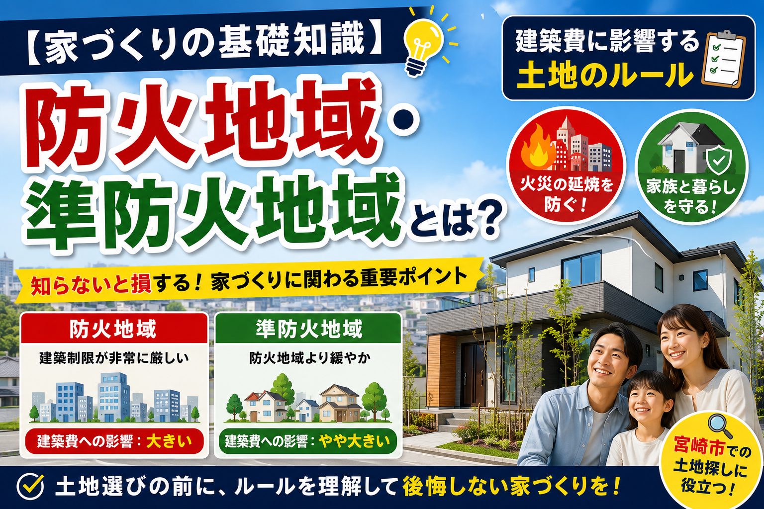 【家づくりの基礎知識】防火地域・準防火地域とは？建築費に影響する土地のルール