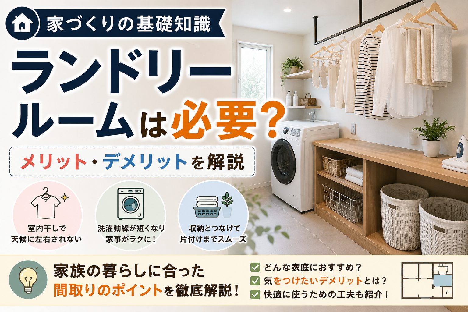【家づくりの基礎知識】ランドリールームは必要？メリット・デメリットを解説